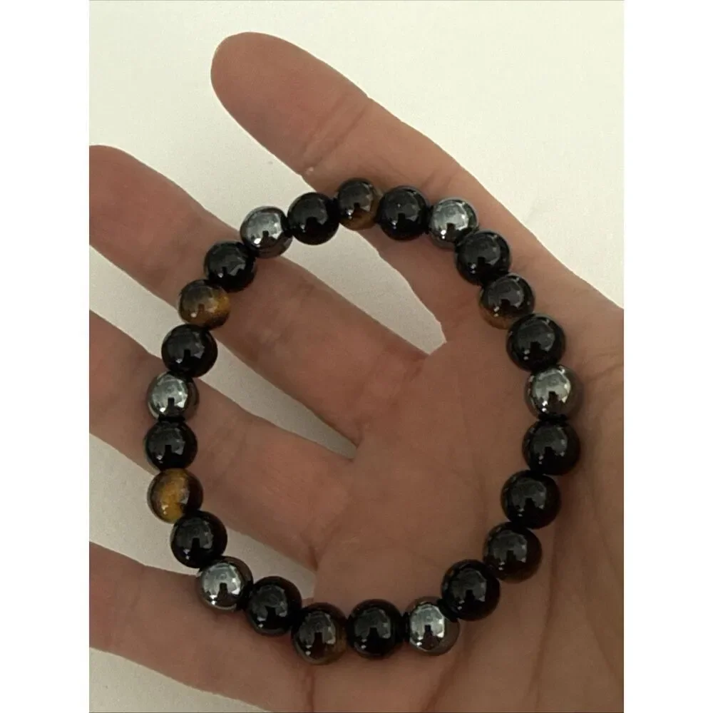 Set of 6 Tiger’s Eye Pattern and Hematite Finish Stretch Bracelets